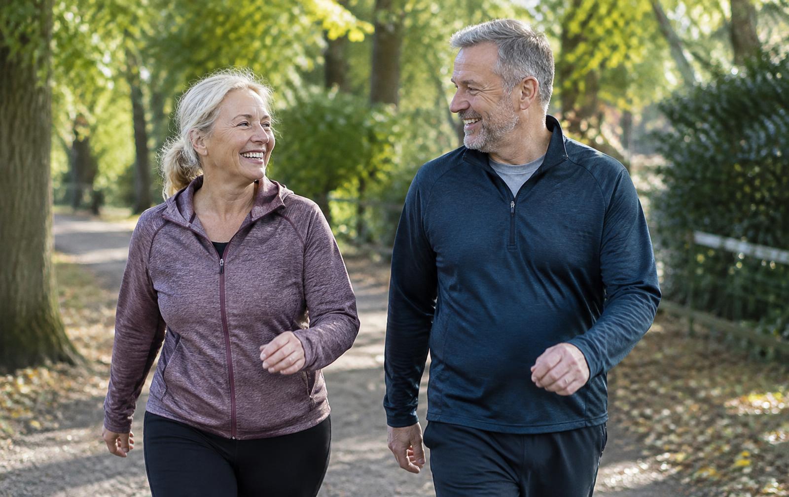 A couple in their late fifties walking and laughing on a park path